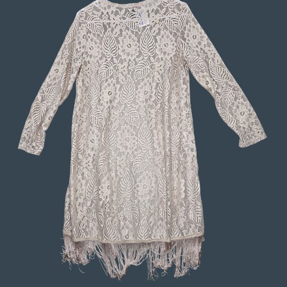 Three-Quarter Sleeve Beige Lace Kimono Duster With Fringe Large - Picture 2 of 6